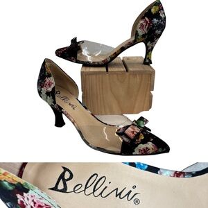 Bellini Cupcake Pump Black Floral Satin Sz. 9